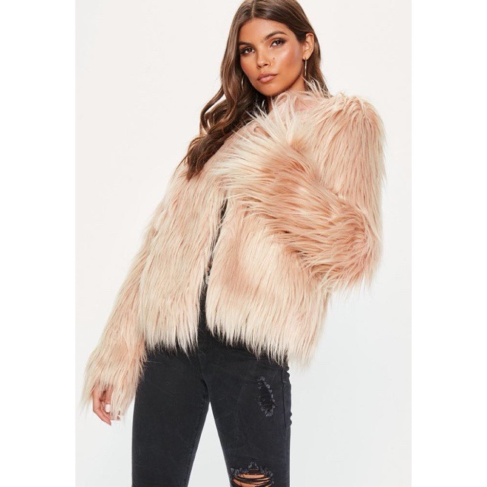 🦄 NWOT Missguided Collarless Shaggy Faux Fur Coat